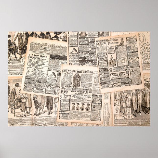 Póster Páginas de periódicos con publicidad antigua. Muje (Frente)