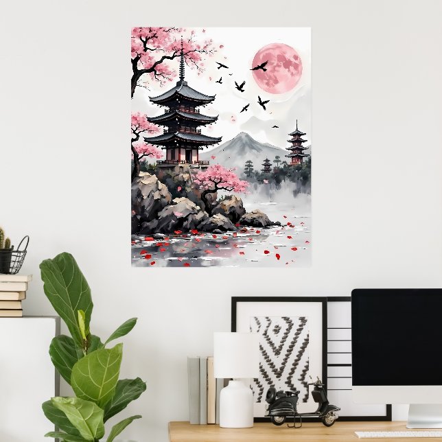 Póster Pagoda bajo una luna rosa (Oficina en casa)