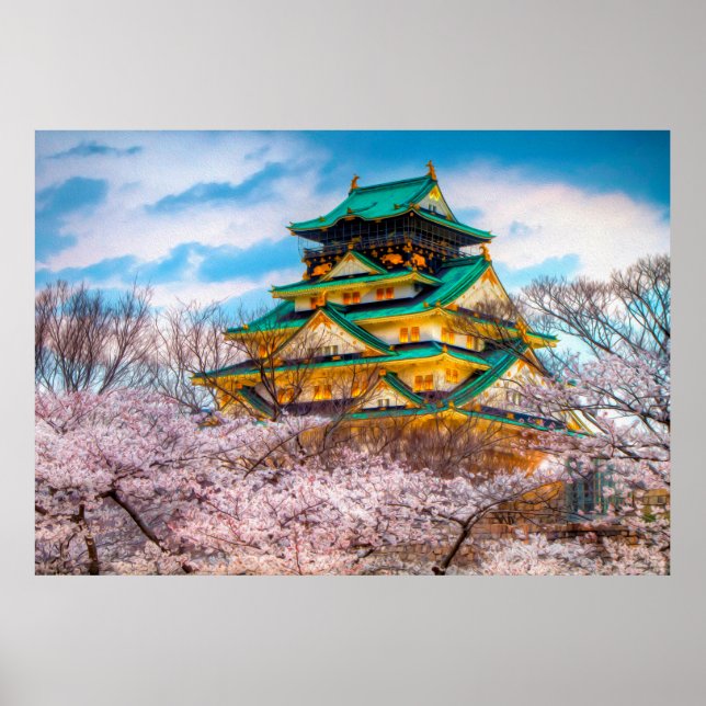Póster Pagoda De Jardín Japonés Y Sakura En Osaka, Japón (Frente)