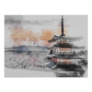 Póster Pagoda Japonesa Acuarela & Mt. Fuji