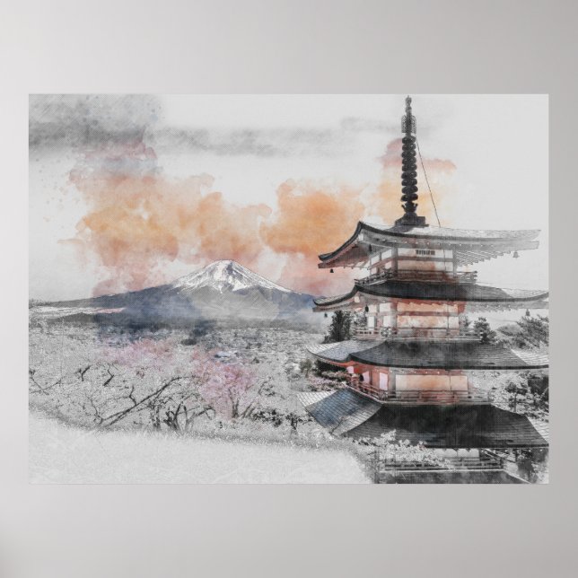 Póster Pagoda Japonesa Acuarela & Mt. Fuji (Frente)
