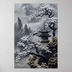 Póster Pagoda Japonesa Brumosa Flor de Cerezo Blanca