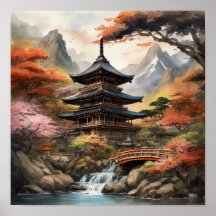 Pagoda japonesa cerca de una cascada