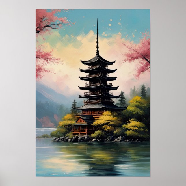 Póster Pagoda japonesa en la costa rocosa (Frente)