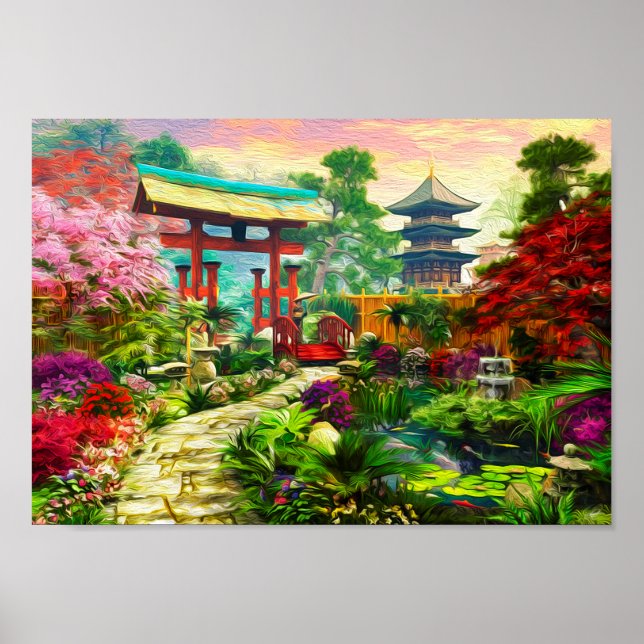 Póster Pagoda Jardín Japonés Sakura Y Cascada (Frente)