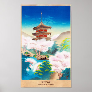 Póster Pagoda Keisui en primavera japonesa escenario orie