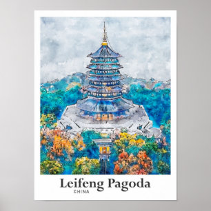Póster Pagoda Leifeng China Traa mano acuarela