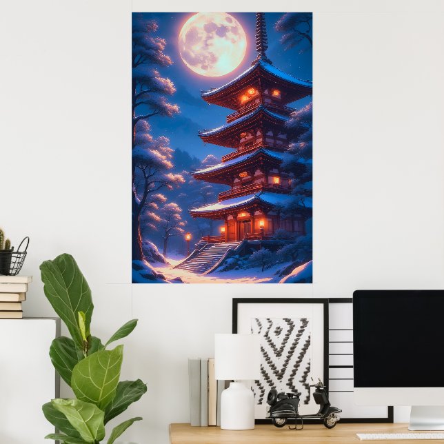 Póster Pagoda Mística Bajo el Cielo Lunar (Oficina en casa)