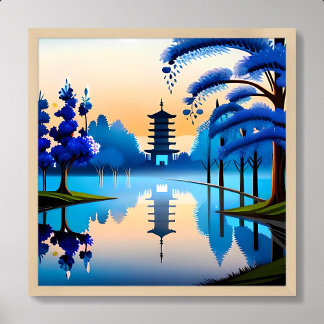 Póster pagoda pintar el amanecer de un edificio japón luc