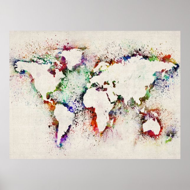 Póster Paint Splashes Mapa de texto del mundo (Frente)