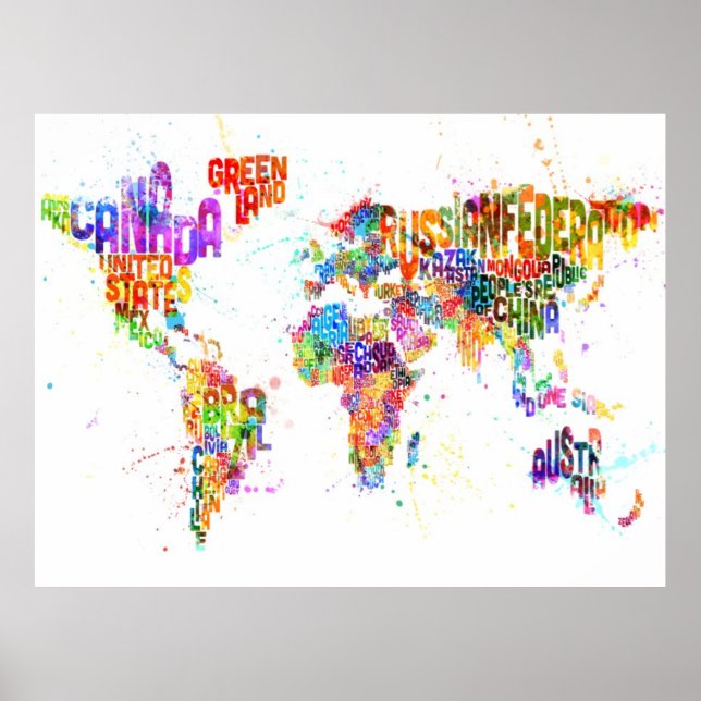 Póster Paint Splashes Mapa de texto del mundo (Frente)