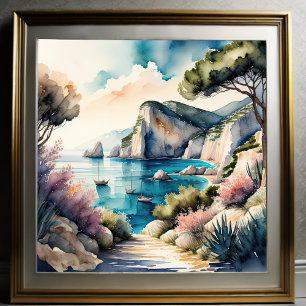 Póster Paintaje acuático en el paisaje de la costa medite