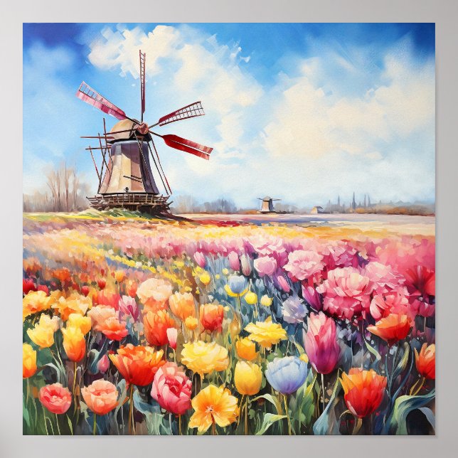 Póster Paintaje de acuarela de viajes de Holanda en Holan (Frente)