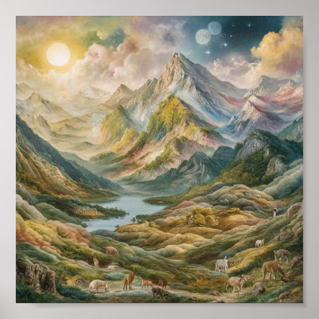 Póster Paintaje majestuoso del paisaje montañoso (Frente)