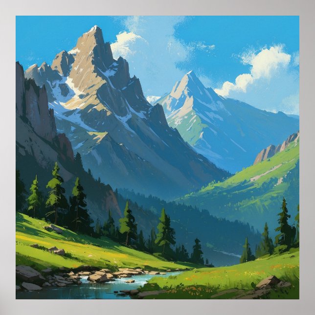 Póster Paintaje natural pacífico de los paisajes montaños (Frente)