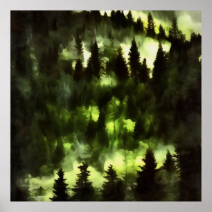 Póster Paintaje paisajístico de bosque de niebla forestal