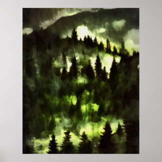 Póster Paintaje paisajístico de bosque de niebla forestal