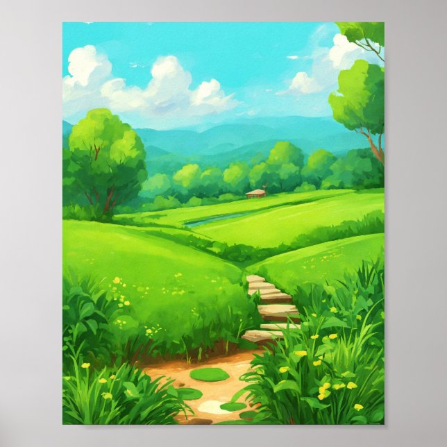 Póster Paintaje paisajístico de campo de hierba de estilo (Frente)