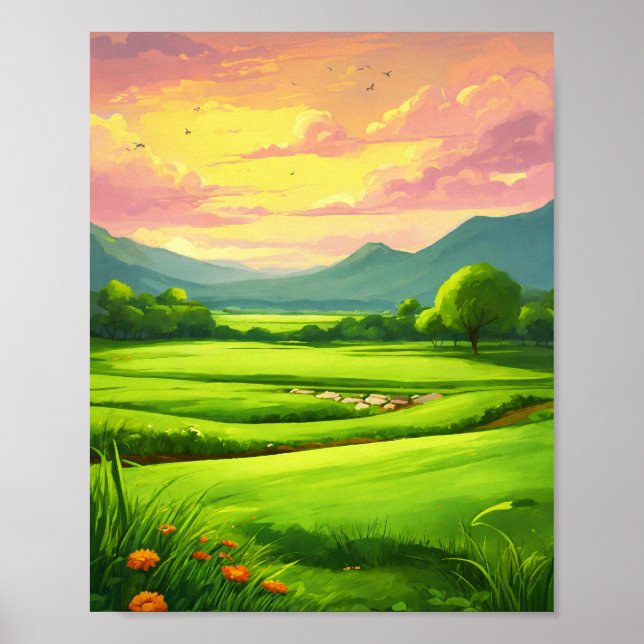 Póster Paintaje paisajístico de campo de hierba de estilo (Frente)