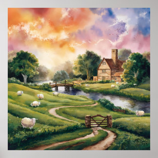 Póster Paintaje paisajístico de la orilla del campo de in