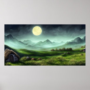 Póster Paintaje paisajístico de una cabaña en la montaña