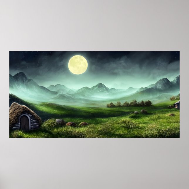 Póster Paintaje paisajístico de una cabaña en la montaña (Frente)