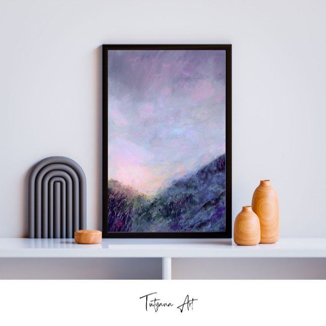 Póster Paintaje paisajístico Purple Sunset Sky Mountain (Purple Sunset Sky Poster in black frame. Frame is for illustration only & optional.)