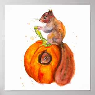 Póster Painted Squirrels Having A Pumpkin Snack Autumn