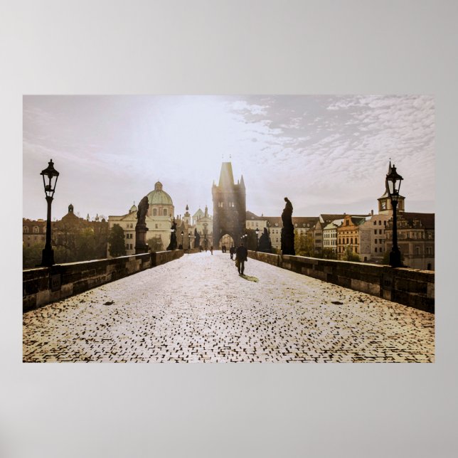 Póster Painting of Charles bridge in Prague on sunrise (Frente)