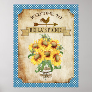 Póster País Sunflower Blue Gingham Poster