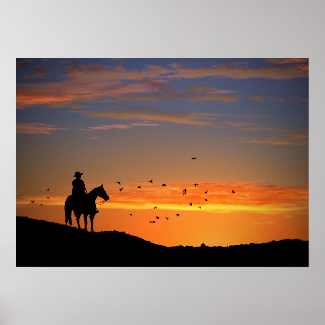 Póster País Vaquero Occidental y Caballo al atardecer (Frente)