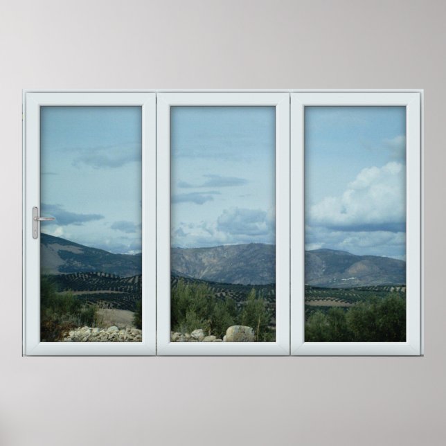 Póster País y montañas de la ventana de la ventana blanca (Frente)