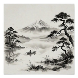 Póster Paisaje a tinta de Japón Monte Fuji