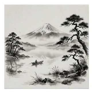 Póster Paisaje a tinta de Japón Monte Fuji