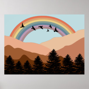 Póster Paisaje abstracto bosque árboles arco iris y pájar