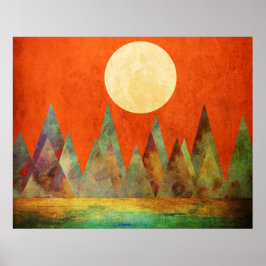 Póster Paisaje abstracto luna llena montañas cielo naranj
