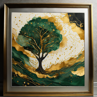 Póster Paisaje acuático Abstract Painting Green Gold