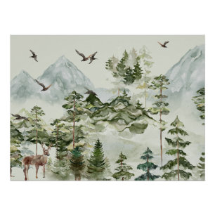 Póster Paisaje acuático de bosques y montañas