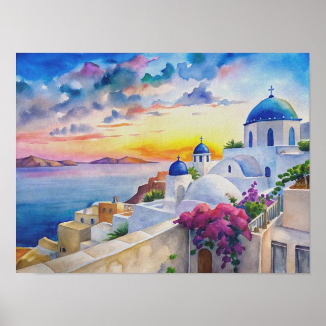 Póster Paisaje acuático de las islas griegas de Santorini (Frente)