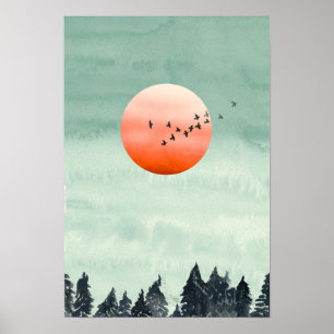 Póster Paisaje acuático moderno Aves al sol Árboles Po