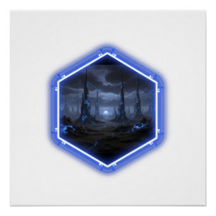 Póster Paisaje Alien Azul Con Mandelbrot