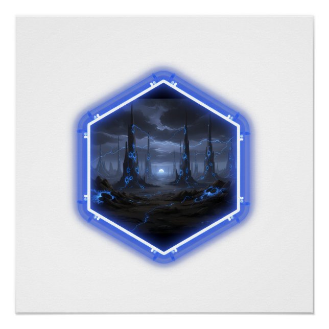 Póster Paisaje Alien Azul Con Mandelbrot (Anverso)