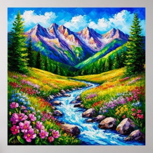 Póster Paisaje alpino con flores silvestres en flor