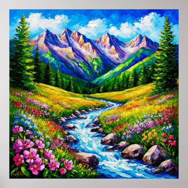 Póster Paisaje alpino con flores silvestres florecientes (Frente)