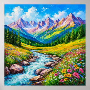 Póster Paisaje alpino con flores silvestres florecientes