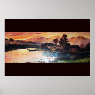 PÓSTER PAISAJE ALPINO DEL LAGO DE LAS MONTAÑAS ROSADAS AL