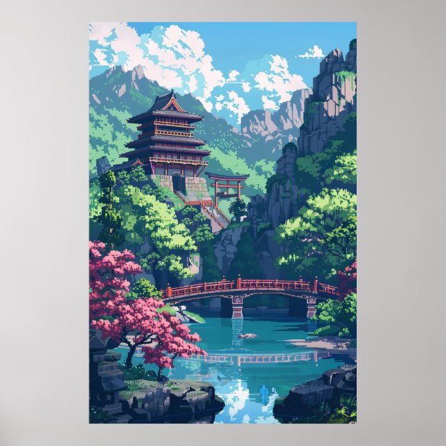 Póster Paisaje artístico japonés Castle Pixel Fantasy Pos (Frente)