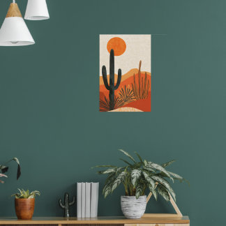 Póster Paisaje boho desierto cactus puesta de sol