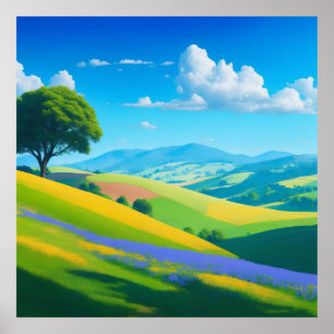 Póster paisaje brillante con colinas onduladas