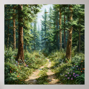 Póster Paisaje brumoso de bosque de pino verde profundo n